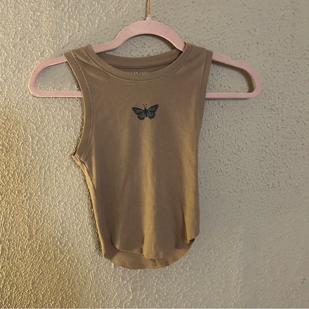 American Eagle Outfitters Tan Ribbed Butterfly Cropped Tank Top Size XS Y2K